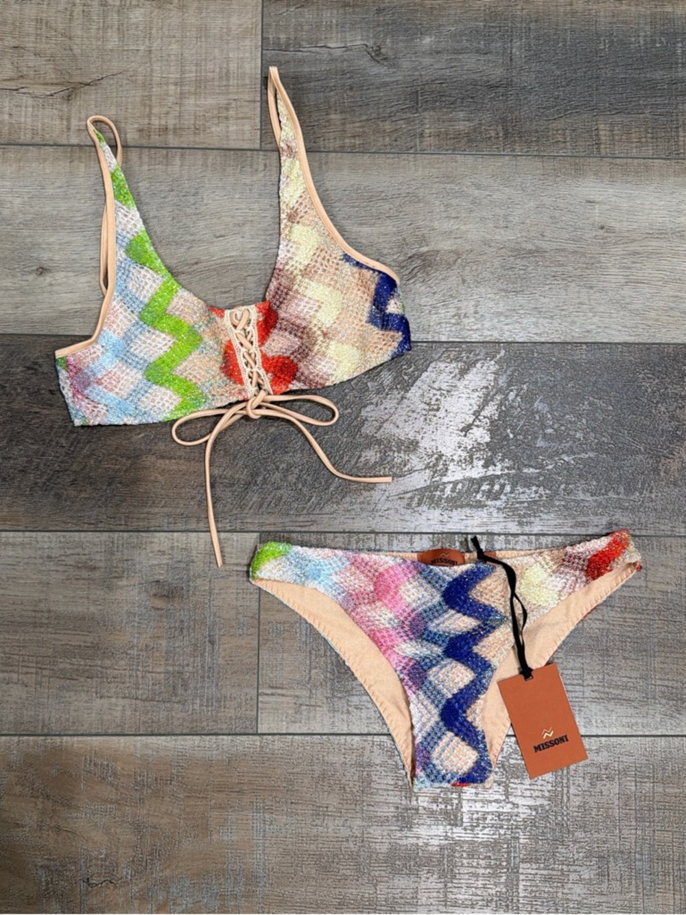 Missoni metallic zig zag lace up bikini set NWT